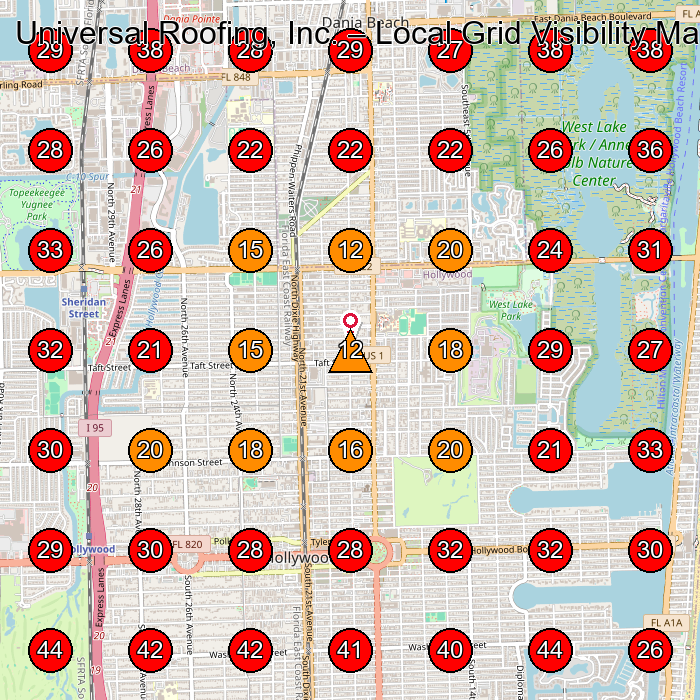 Universal Roofing, Inc. GeoGrid visibility map for Roofing Contractor in Hollywood